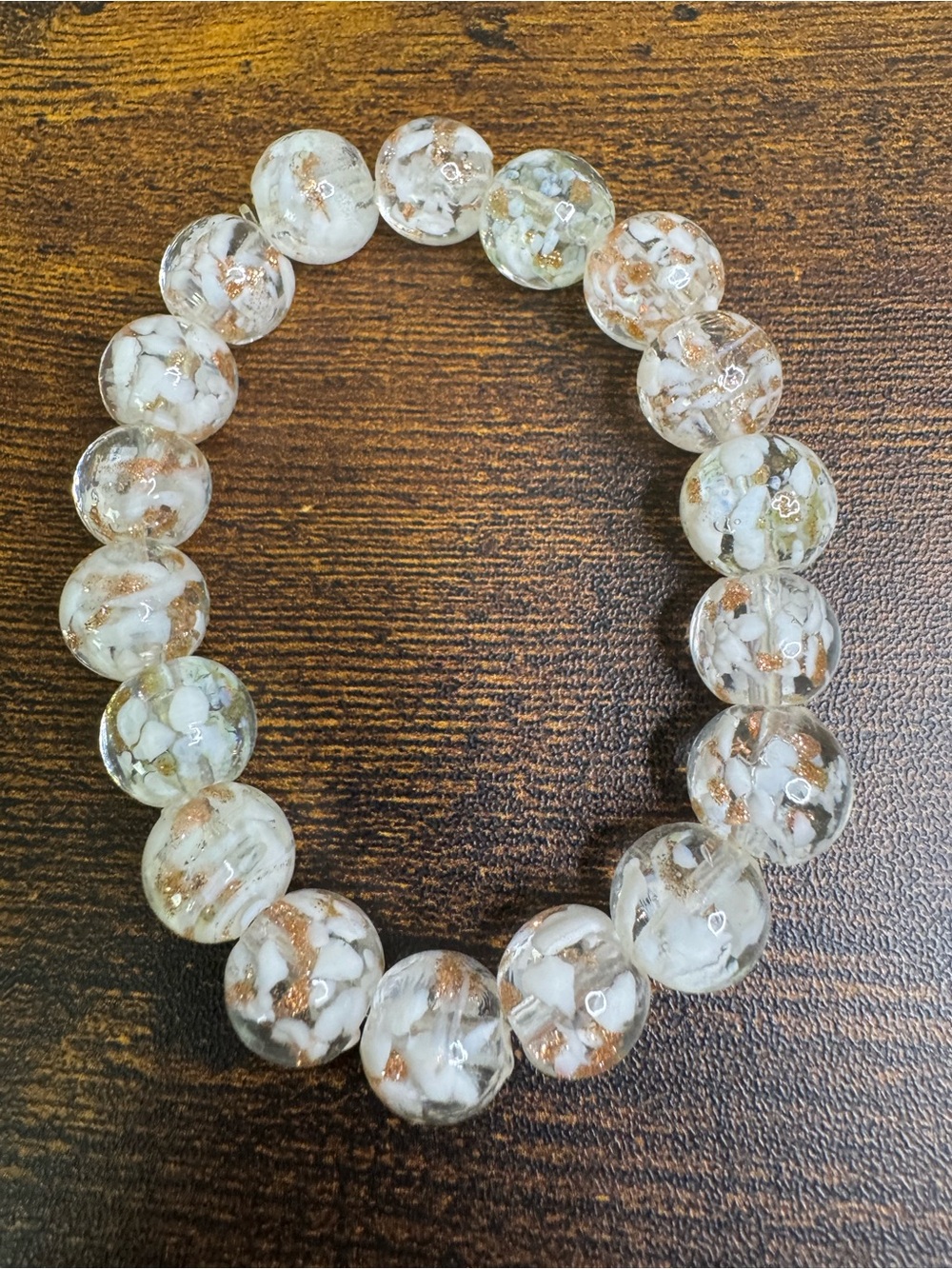 Clear Glass Bead Stretch Bracelet with White and Gold Accents - Murano